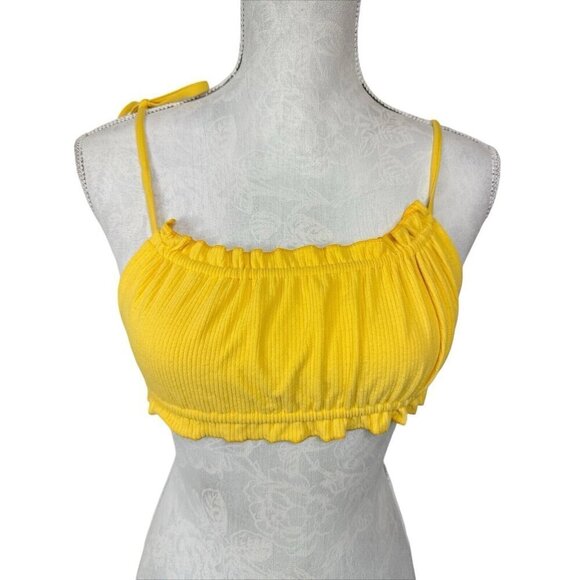 Toast Swim Women’s M Yellow Ruffle Ribbed Knit Bikini Top New - Picture 1 of 8